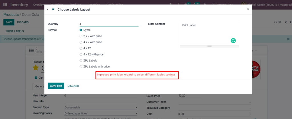 Print label wizard- Odoo 15