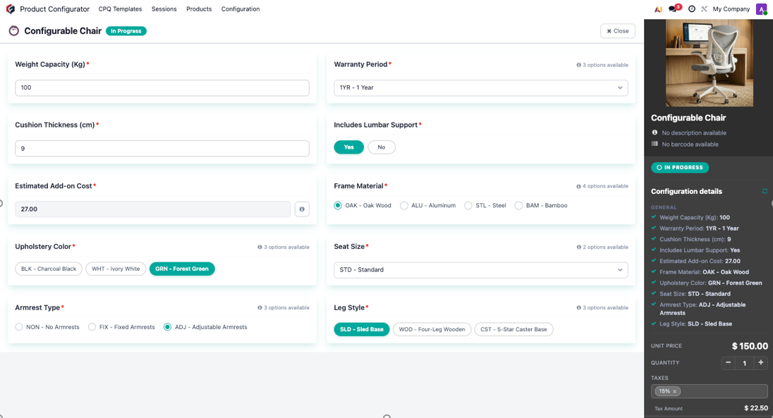 characteristics in Odoo Parametric CPQ